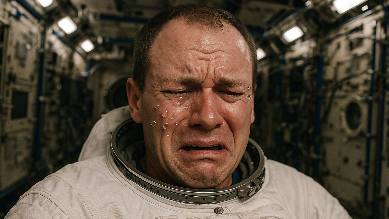 無重力空間で涙が頬にとどまる不思議な現象を描いたリアルな宇宙イラスト