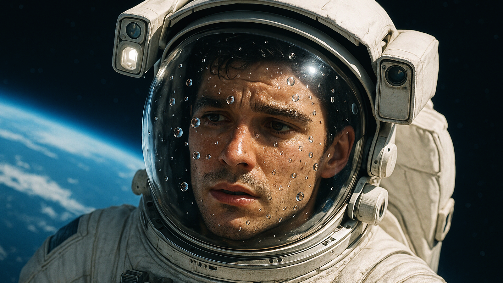 「宇宙空間で船外活動を行う若い男性宇宙飛行士。宇宙服の透明なヘルメットの内側には、丸い涙や汗の水滴がいくつも付着しており、困った表情をしている。背景には地球と星空が広がっている。