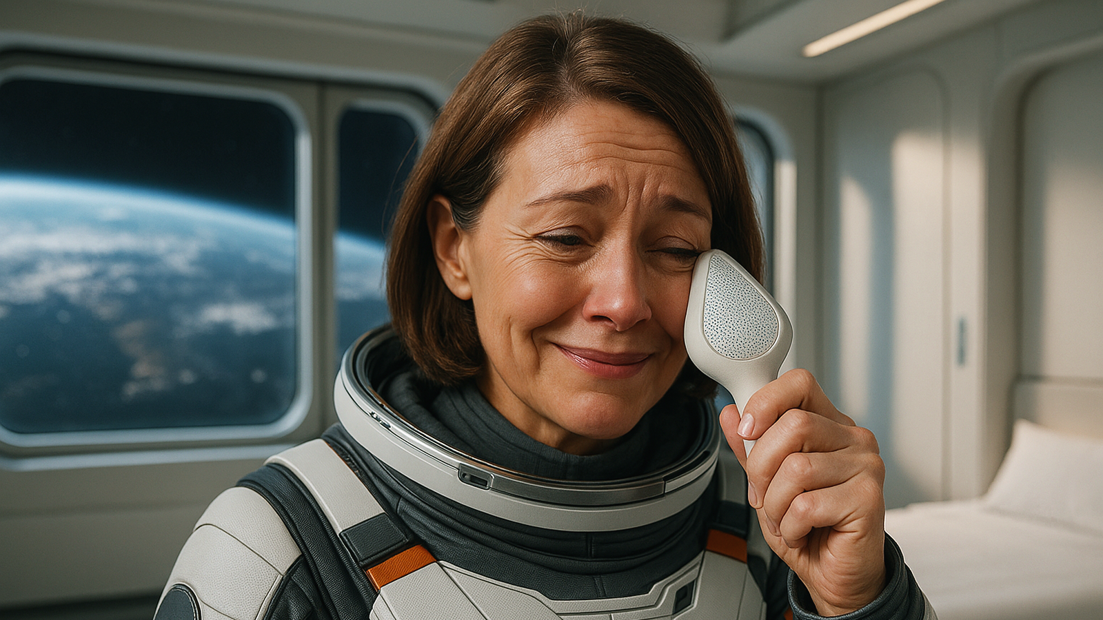 近未来の宇宙ホテルの一室で、女性宇宙飛行士が専用のハンカチやグッズで涙を拭いている。明るく清潔な室内、窓の外には地球や宇宙が見える。